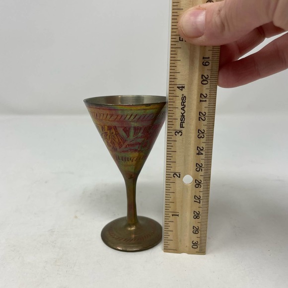 Vintage Brass Hand carved Painted Goblet Cup Gold Red - Picture 7 of 7